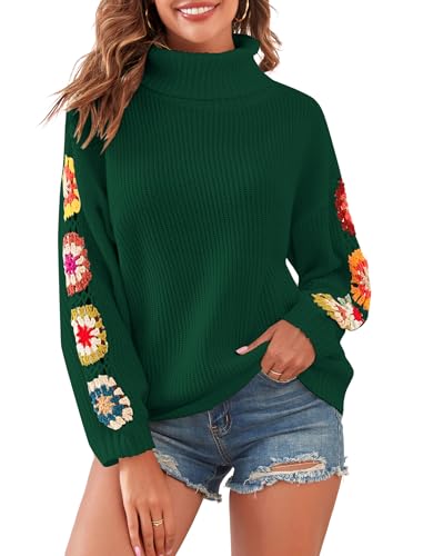 Image of ZAFUL Flower Crochet Turtleneck Sweater for Women Pullover Puff Long Sleeve Boho Knit Sweaters Trendy Knitwear Tops