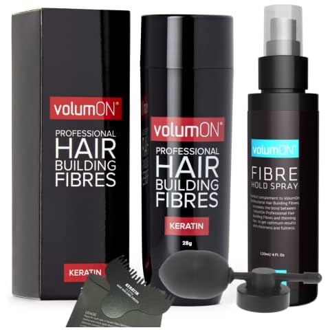 Hair Fibres VOLUMON Keratin Hair Building Fibres for Thinning Hair - Instantly Conceals Thinning Areas for Fuller Thicker Hair - For Men & Women 28g + Hold Spray, Optimiser & Applicator (Medium Brown) Cover