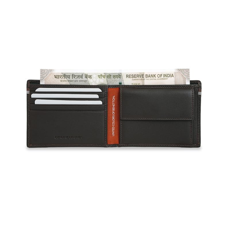 Image of United Colors of Benetton Men Global Coin Wallet Wiltshire Brown Pure Leather Wallet for Men Original Bi Fold Design Top 10 Branded Leather Wallet Style with Dual Currency Slots