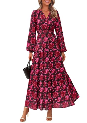 PRETTYGARDEN Long Sleeve Maxi Fall Dresses for Women 2025 Vneck Smocked Boho Floral Tiered Swing Flowy Wedding Guest Dress