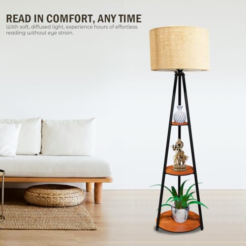 Image of Rellon Floor Lamp with 3 Storage Shelves, Metal FloorLamp for Living Room Standing Home Decoration FloorLamp Shade Reading for,Office,Kitchen,Bedroom (A2)