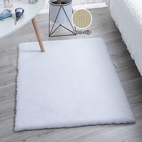 Alfombra de imitación de Piel de Conejo,Antideslizante Artificial Alfombra, excelente Piel sintética de Calidad Alfombra de Lana，Adecuado para salón Dormitorio baño sofá Silla cojín (Blanco, 60x90cm)