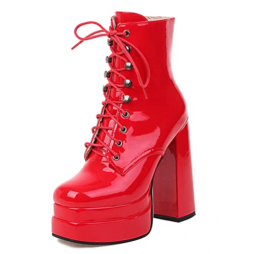 PAUVAODY Damens Plateau Chunky Heel Kn?chel Stiefel Schnüren Block High Heel Mid Calf Stiefel Chunky Heel Side Zipper Closure Paint Red Size 37 Cover