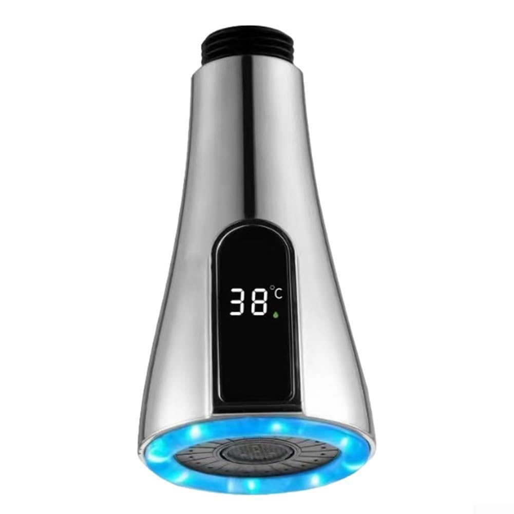 Bebykilemi LED Temperature Display Kitchen Tap Nozzle Pull Out Spray Head with Digital Water Temperature Display, ABS Chrome Finish, Dual Spray Modes, G1/2 Thread