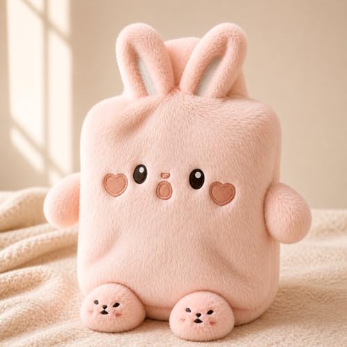Image of Rabbit Hot Water Bottle with Soft Plush Cover 1 Litre Classic Silicone Bag for Pain Relief, Period Cramps, Hand & Feet Warmer, Leak-Proof Hot & Cold Therapy with Cute Removable Bunny Sleeve