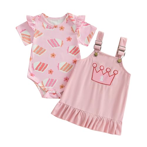 JLKGICF Baby Girl First Birthday Outfits Cute Print Short Sleeve Romper Tops Ruffle Suspender Skirt Toddler Summer Clothes (Cake Pink, 6-12 Months)