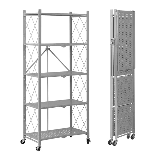 Image of BRIAN & DANY 5-Tier Foldable Storage Shelves with Wheels, Folding Metal Rack Shelving Unit, Heavy Duty No Assembly Organizer Shelf for Garage, Kitchen, Basement, Pantry, Gray