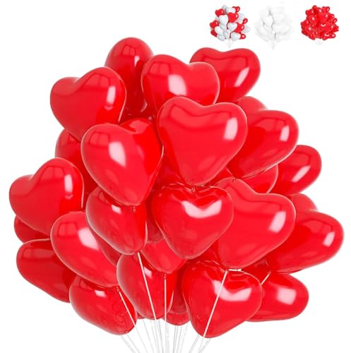 YOUYIKE 50 Pcs Herz Luftballons Rot, 12 Zoll Herzluftballons Latex Ballon Herz Helium Ballons Hochzeit für Hochzeits Brautdusche Valentinstag Geburtstags Verlobung Party Deko