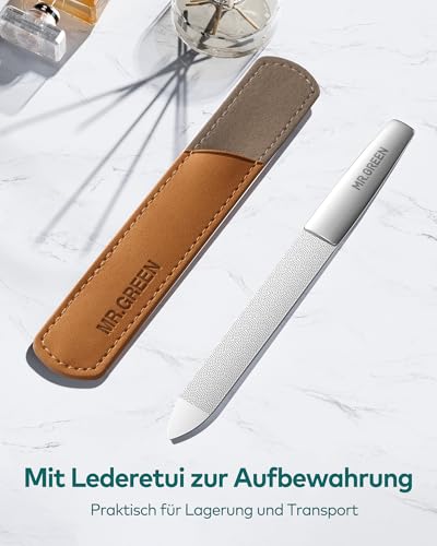 MR.GREEN Nagelfeile, Professionelle Doppelseitige Nagelpfeile, Solingen Edelstahl Nagelfeilen mit Rutschfestem Griff Reinigungsspitze und Lederetui, Premium Nail File für Damen& Herren