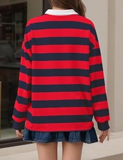 Meladyan Rugby Shirt Women Polo Striped Sweatshirt Oversized Long Sleeve Lapel V Neck Pullover Top Y2K Streetwear Blouses