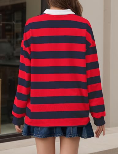 Meladyan Rugby Shirt Women Polo Striped Sweatshirt Oversized Long Sleeve Lapel V Neck Pullover Top Y2K Streetwear Blouses