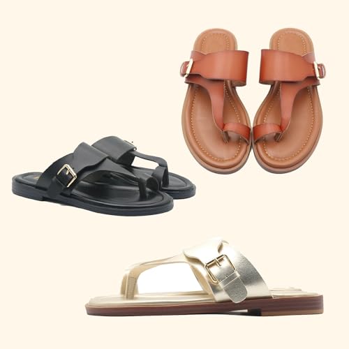 Women'S Leather Flat Toe Ring Flip Flops With Adjustable Buckle Slip On Comfortable T-Strap Toe Clip Slides Sandals For Daily Travel Causal Beach4