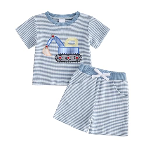 BHGHB Toddler Baby Boy Outfit 12 18 24 Months 2T 3T 4T Summer Clothes Excavator Embroidered Striped T-shirts and Shorts (Cute Blue 2-3T)
