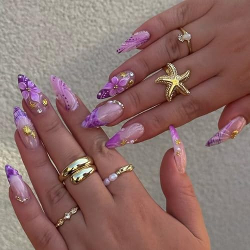 CUZIAM 3D Purple Flower Press on Nails Short Almond- Floral Spring Summer Fake False Nails with Lavender French Tip Design, Full Cover Stick on Holiday Beach Nail with Glue for Women,24PCS