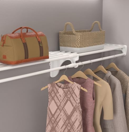 Image of EZ SHELF Closet Shelf with Hanging Rod - 28-48 inch Expandable, White, Closet Shelves - Strong, Holds 200 lbs - DIY, Easy Install to 2 Side Walls - Alternative to Wire Shelving