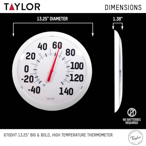 Image of Taylor Big & Bold Outdoor Wall Thermometer, 13.25-Inch Weather-Resistant Patio Thermometer for High Temperature Readings, Easy-to-Read Numbers for Garden, Porch, Deck, Backyard, or Indoor Use, White