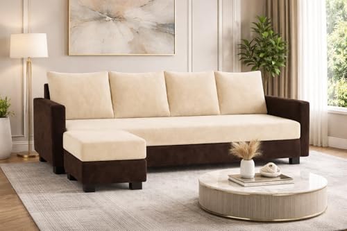 Image of SOCOZI Braven 5 Seater L Shape Sofa Set with Movable Ottoman | Flexible Layout | Soft Velvet Suede Fabric | Modern Design | Plush Comfort Cushions for Living Room (Dark Brown-Cream)