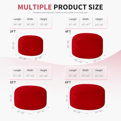 Homguava 3FT Bean Bag Chair: 3' Bean Bags with Memory Foam Filled, Large Beanbag Chairs Soft Sofa with Dutch Velet Cover-Red