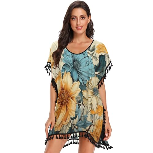 Elegance Floral Art Women's Beach Cover Up Chiffon Tassel Swimwear Swimsuit Coverups for Girl