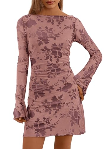Image of PRETTYGARDEN Women's Fall Floral Long Sleeve Mini Dress | Printed Sheer Mesh, Bell Sleeve Boat Neck, Bodycon Short Dresses, Party Date Night, Cute Casual Outfits, Fashion Clothing