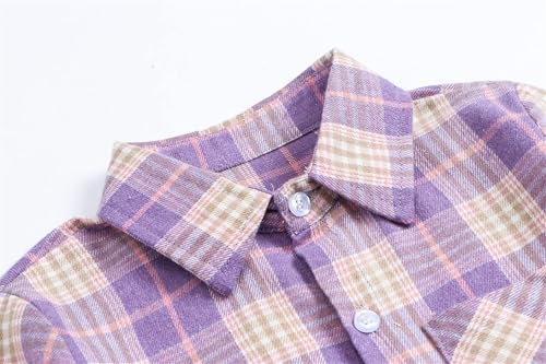 Image of SANGTREE Women and Girls Oversized Flannel Plaid Shirt Mid-Length Casual Button Down Shirt with Pockets
