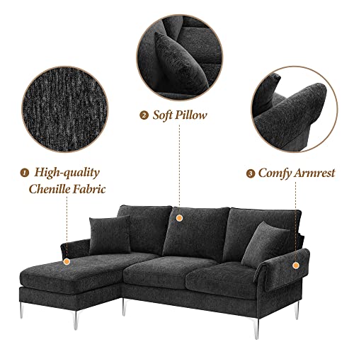 Polibi 84" L-Shaped Convertible Sectional Sofa, Modern Chenille 3-Seat Sofa Couch With Reversible Chaise Lounge, 2 Pillows And Metal Legs For Living Room, Black #TOP3