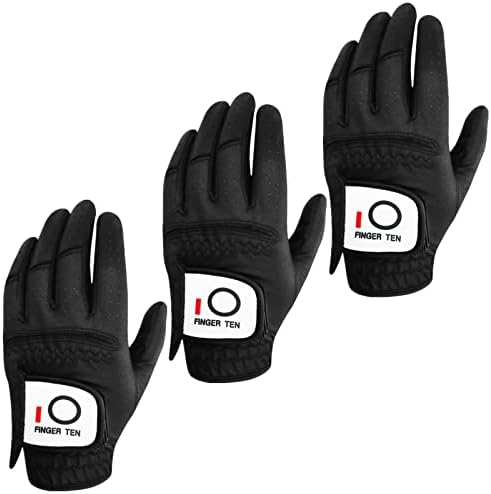 FINGER TEN Golf Gloves Men Left Right Hand Rain Grip Value 3 Pack, All Weather Durable Grip Size Small Medium Large XL White Black Blue Red Brown (Black, X-Large, Left)