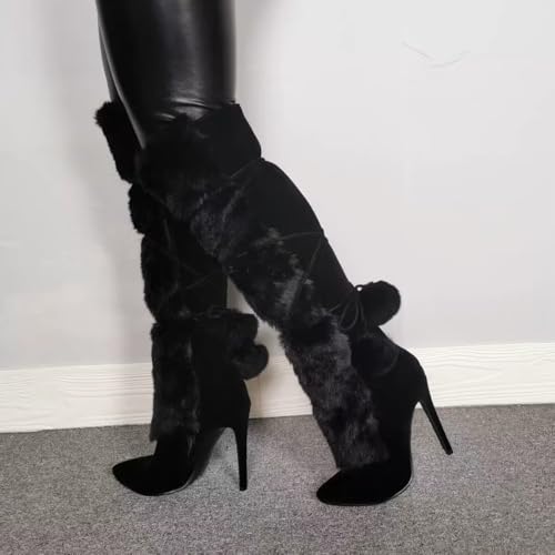Frankie Hsu Handmade Designer Sexy Big Size Black Furry Fluffy Fuzzy Plush Faux Fur Stiletto Heels Knee High Calf Tall Long Winter Boots For Women US4-143