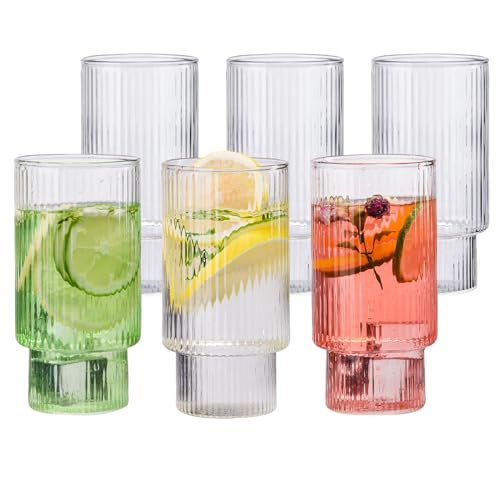 Wlasss Ribbed Drinking Glasses Set of 6, 14oz