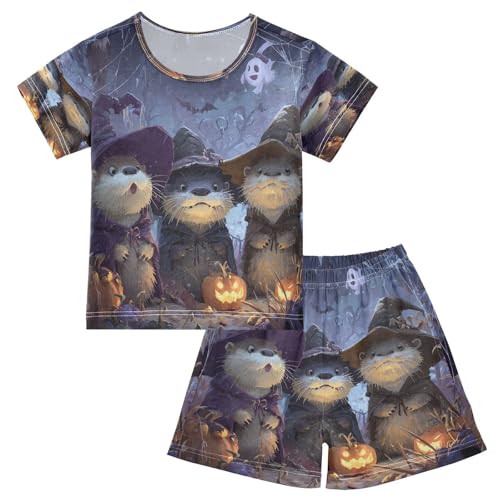 Pajama Sets Short Sleeve Spooky Nitht Witchy Otters Soft Cotton Summer Sleepwear 2 Piece PJS Size 5-14T