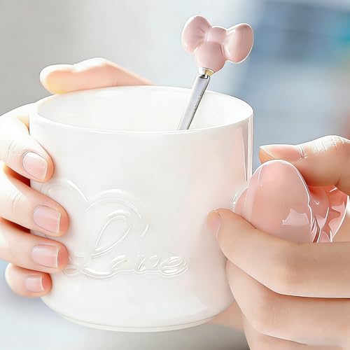Disoza Bow Coffee Mug Pink 12 OZ Ceramic Cute Coquette Mug 350 ML Porcelain Tea Cup Bow Cute Coffee Cup for Women Girl