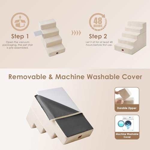 Image of EHEYCIGA Dog Stairs for High Bed 25 inch H, 5-Step Extra Wide Dog Steps for Bed, Pet Steps for Small Dogs and Cats, Non-Slip Balanced Pet Ramp Indoor, Beige