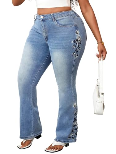 VipHoney Jeans for Women Plus Size - Bell Bottoms for Curvy Women High Waisted Embroidered Denim Pants (18W,2XL) Blue