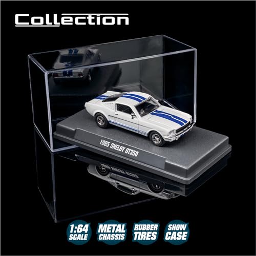Image of Majorette Collection 1965 Shelby GT350, Blue and White Metal Car, 1:64 Scale, Rubber Wheels, Clear Headlights, Screw Display, Collector's Special