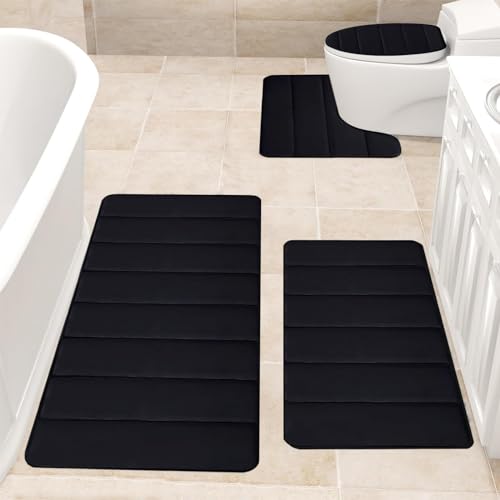 4 Stück Badezimmermatten Sets, Weiche Badematte Memoryschaum, Badezimmerteppich, rutschfeste Badezimmer Toilettenmatte, Badteppich rutschfest Waschbar Badvorleger Set für Wanne WC (Schwarz) – Bild 4