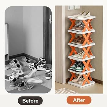5-Layer Plastic Shoe Rack for Home – Stackable & Adjustable Shoe Organizer Shelf | Space-Saving Foldable Stand with Book & Shoe Storage Slots (Multicolour) 1