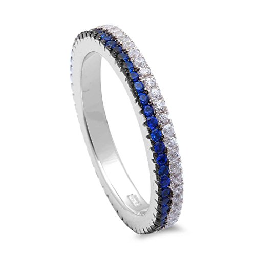 3Mm Full Eternity Stackable Thin Blue Line Band Ring Round Simulated Sapphire Cz 925 Sterling Silver, Size-7 #TOP20