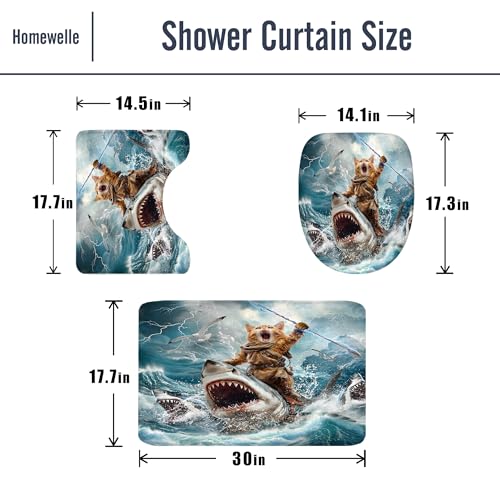 Image of 4 PCS Funny Cat Shower Curtain Riding Shark Riding Shark Surfing Beach Ocean