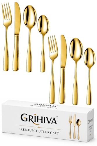 Image of 8 Pcs Gold Mirror Polish Stainless Steel Cutlery Set for Dining Table with Spoons and Forks Set + Butterknives - The Perfect Tableware /Flatware