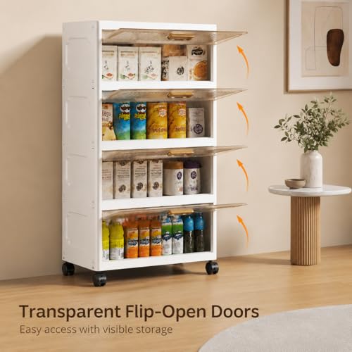 Image of KRISHYAM Modular Plastic Storage Cabinet with Translucent Doors & Wheels | Multi-Tier Clothes & Utility Organizer | Dustproof Freestanding Wardrobe (4 Layer - 4 Door (White))