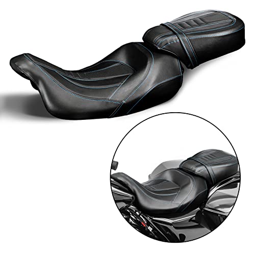 Low-Profile Rider Pillion Passenger Seat Motorcycle Seats For Harley Touring 2009-2022 Road King Road Glide Street Glide [Two Peice Driver & Passenger Seat, Blue Stitching] #TOP7