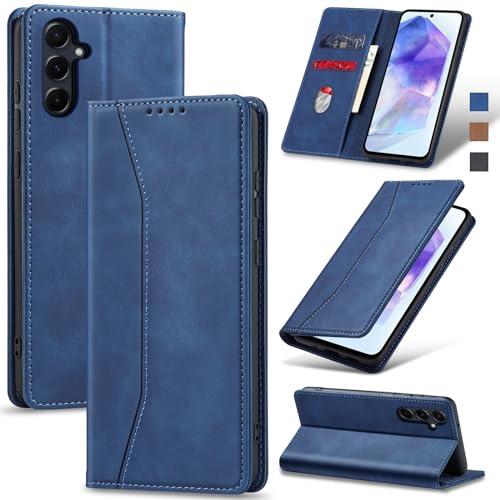 Image of Jasonyu Flip Wallet Case for Samsung Galaxy A55,Leather Magnetic Folio Cover with Card Holder,Kickstand - TPU Shockproof Durable Protective Phone Case,Blue