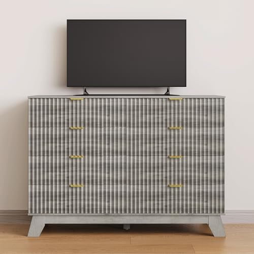 Image of HUANLEGO 48 inch W Tall Fluted Dresser for Bedroom with 8 Drawer, Grey | Mid Century Modern Dresser for Closet, Anti-Tipping Design, Wooden Dressers & Chest of Drawers for Living Room, Home Office