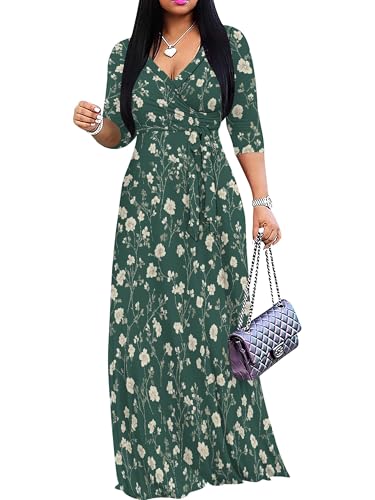 Image of SUZONANA Plus Size Dresses for Women Floral Print Maxi Dress Flowy 3 /4 Sleeve with Belt