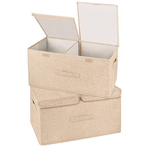 Image of 2 Pack Large Storage Boxes with Lids and Handles, Collapsible Linen Storage Bins Organizer Containers Baskets Cube with Removable Divider for Home Bedroom Closet Office (Khaki, Large)