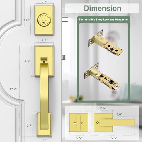Image of Front Door Lock Set, Gold Front Door Handle and Deadbolt Set Adjustable, 12.7in Gold Heavy Exterior Entry Handle Reversible