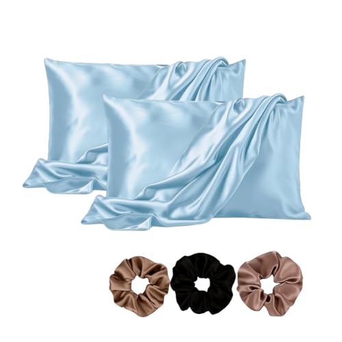 Image of Satin Pillow Covers Set of 2 - Soft & Smooth Pillowcases for Hair & Skin Care | Envelope Closure | Includes 3 Free Random Color Scrunchies | Frizz-Free Sleep Essentials (Sky Blue)