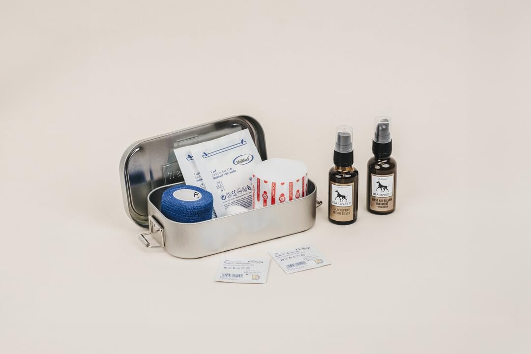 Erste-Hilfe-Set für Hunde - Verbandskasten mit First Aid Balsam und Silberspray, Verbandsmaterial, Wundkompresse und Heftpflaster-Rolle, FIRST AID BOX von LILA LOVES IT