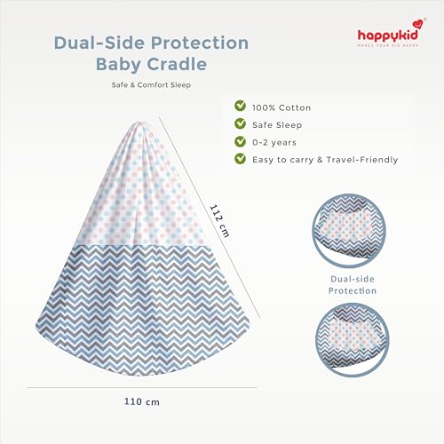Image of Happykid Baby Cradle Set | Durable Cotton Cloth, Mosquito Net, Spring, Triangle and Window Hanger (Multi-Colour, with Bed)