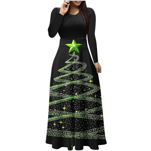 Weihnachtskleid Damen Lang Kleid Weihnachten Langarm Maxikleid mit Weihnachtsmotiv High Waist Elegant Weihnachtskleider Partykleid Festkleider...
